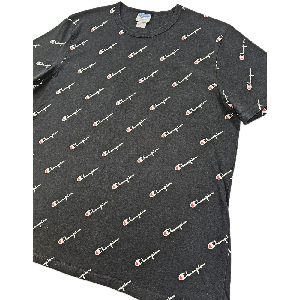 Y2K Champion All Over Logo XXLarge T Shirt Black White Tee Diagonal T1919S AUP A